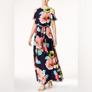 Vince Camuto Navy Cold Shoulder Maxi Dress with multicolor Floral Print size 14